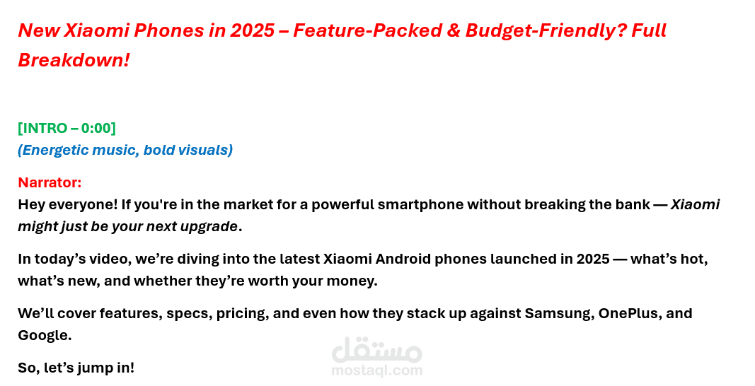 YouTube scripts 1500 words for (New Xiaomi android phones)