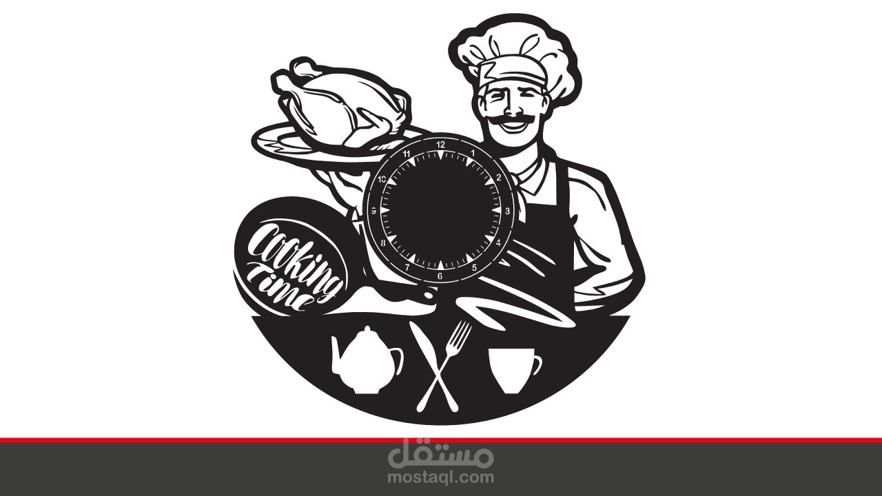 تصميم ساعة حائط بشكل طباخ مع ادوات المطبخ للتقطيع او الحفر بالليزر لعمل ديكورات مميزة