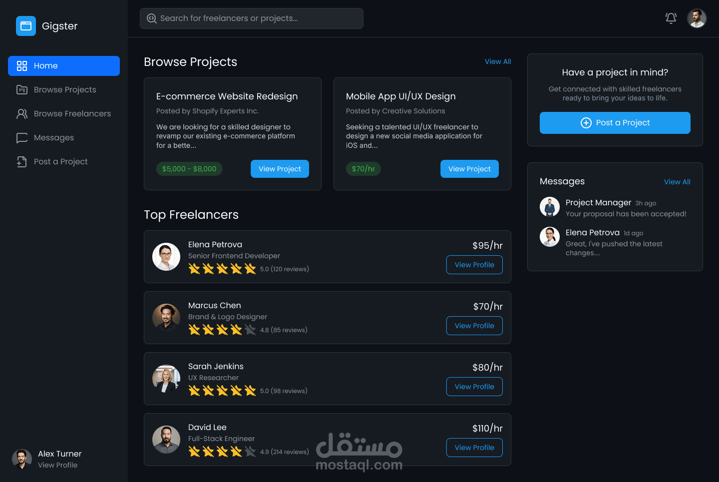 تصميم واجهة موقع منصة Gigster للعمل الحر