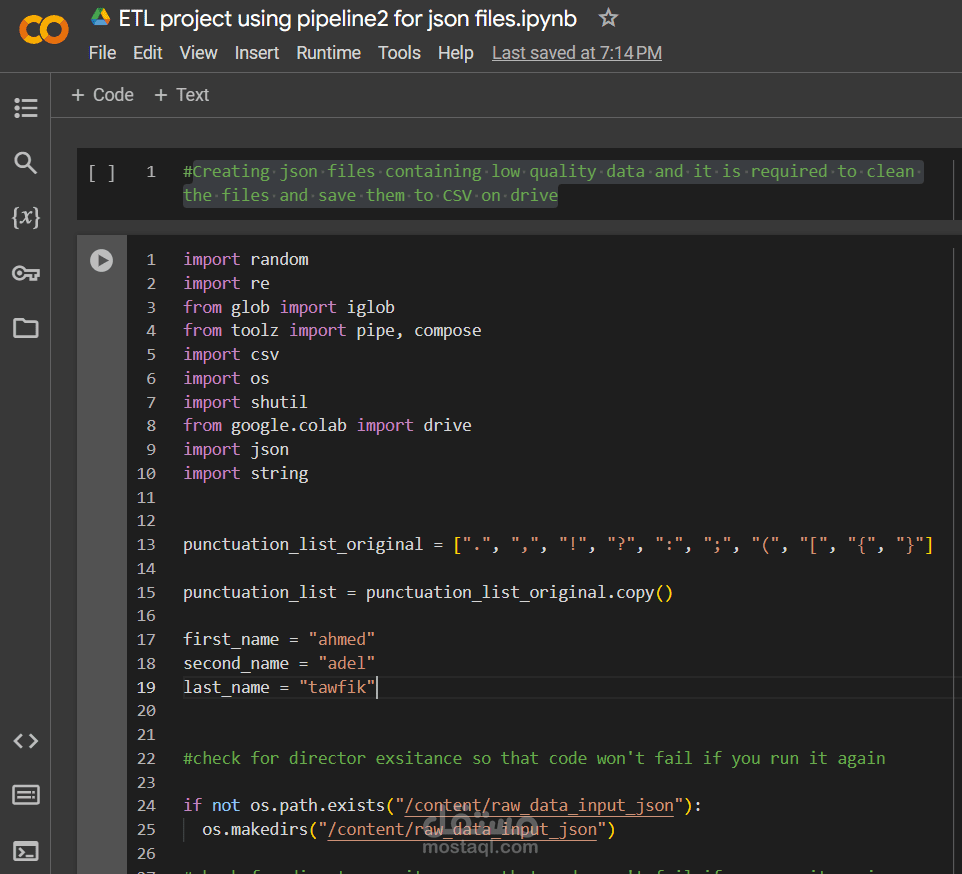 Creating a pipeline that preform an ETL process on json files