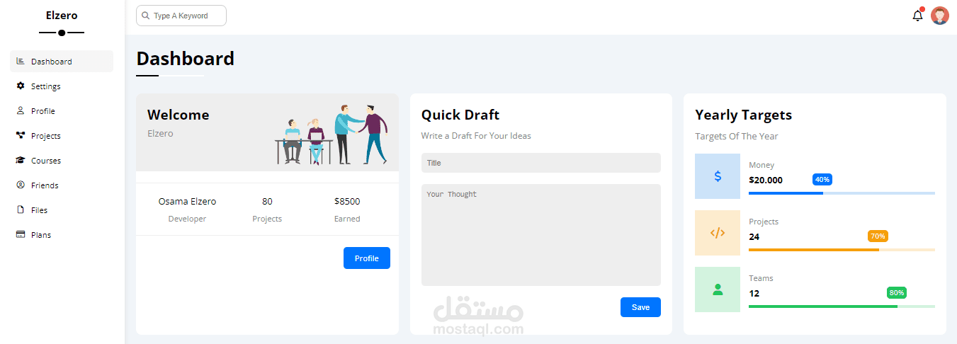 موقع لوحة القيادة (Dashboard)