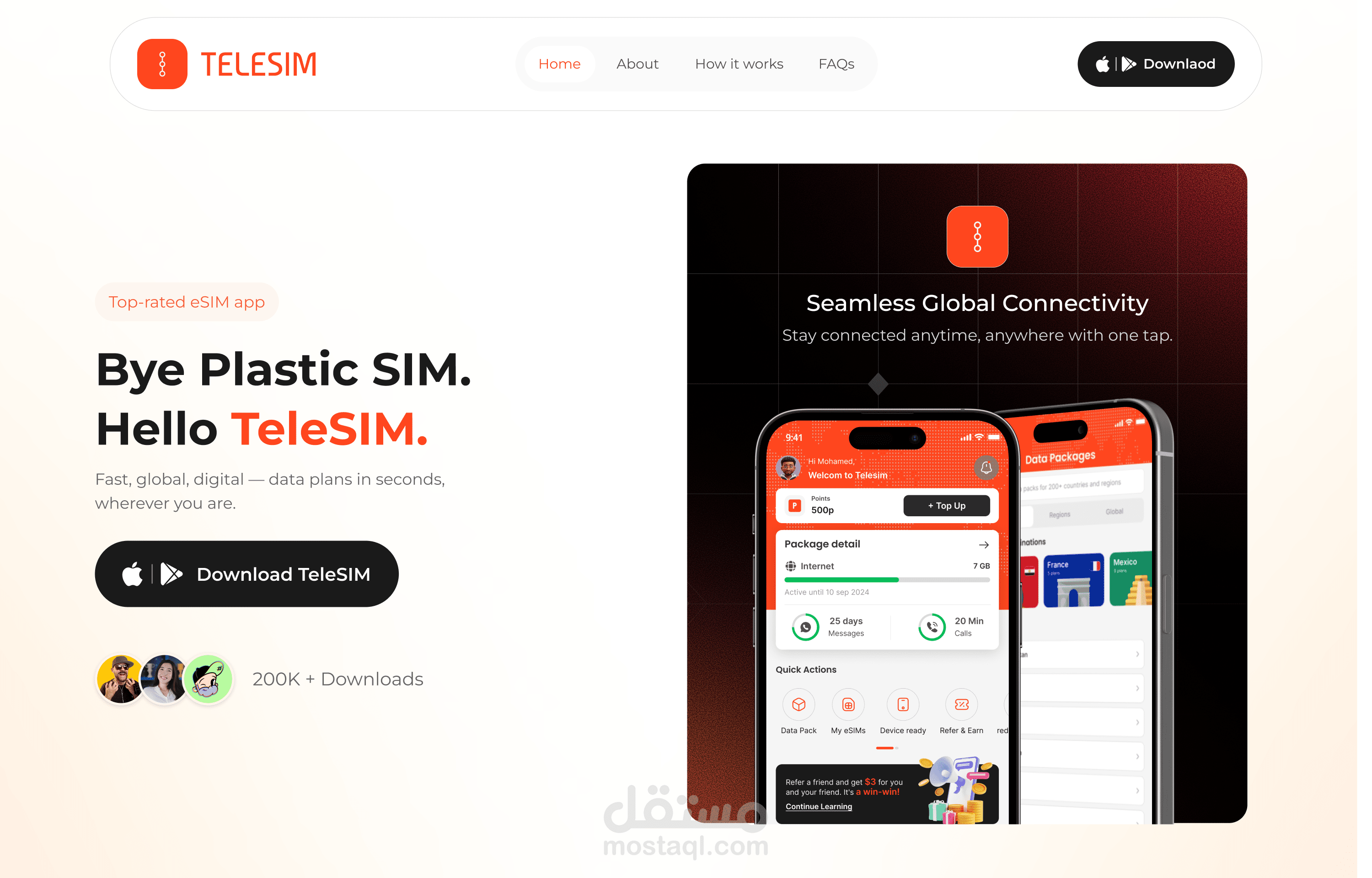 صفحة هبوط(landing page) تفاعلية (Live) لتطبيق TeleSIM –تصميم UI/UX وتطوير بـ Framer