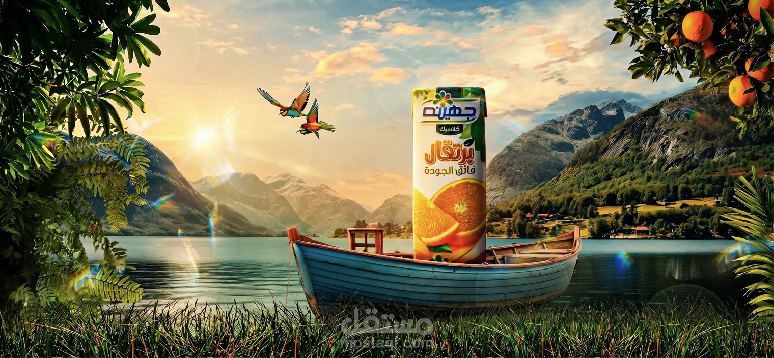 تصميم إعلان عصير احترافي بأسلوب سينمائي ودمج واقعي للمنتج