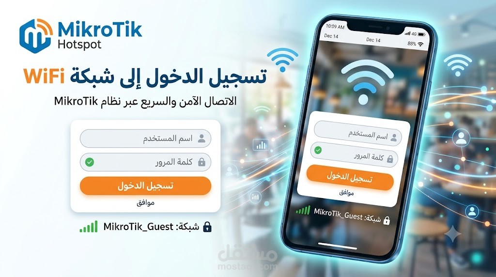 تطوير وتصميم واجهة تسجيل دخول احترافية لشبكات المايكروتيك (MikroTik Hotspot) بنظام الكرت الواحد