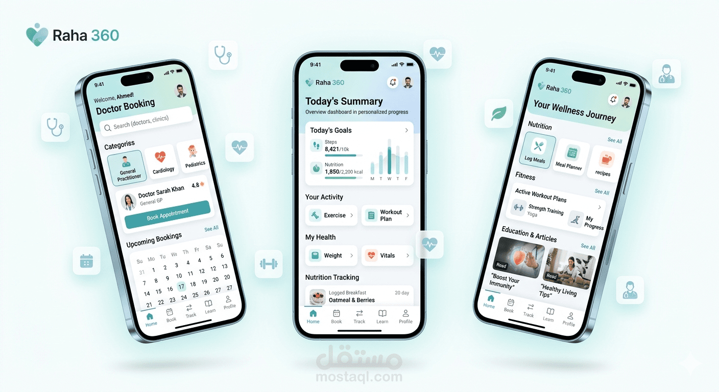 Raha 360 – تصميم UI/UX لتطبيق موبايل متكامل للرعاية الصحية ونمط الحياة