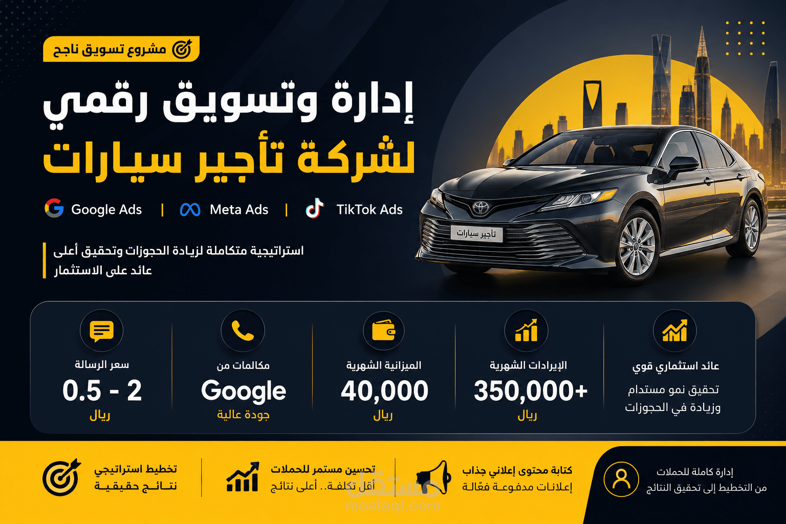 إدارة وتسويق رقمي لشركة تأجير سيارات وتحقيق إيرادات تتجاوز 350 ألف ريال شهريًا