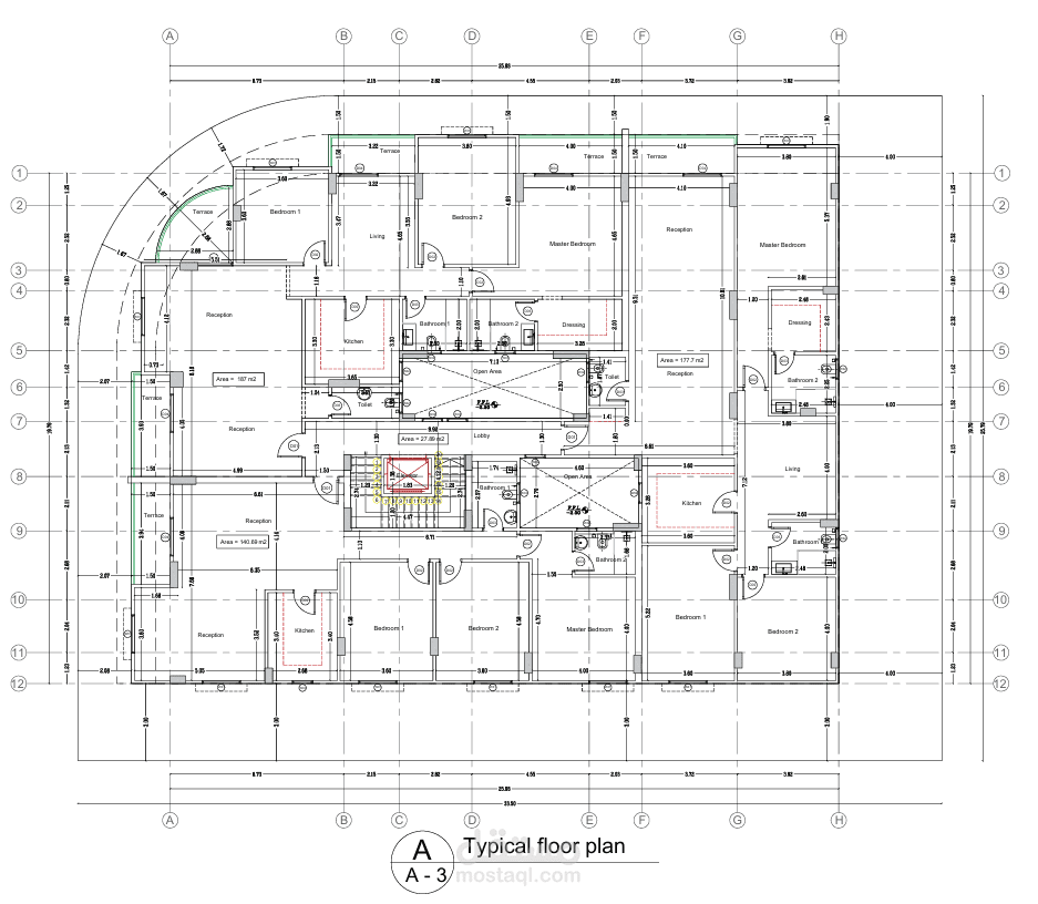 تصميم معماري ثنائي الأبعاد لمبنى سكني – مساحة الأرض 864 م²