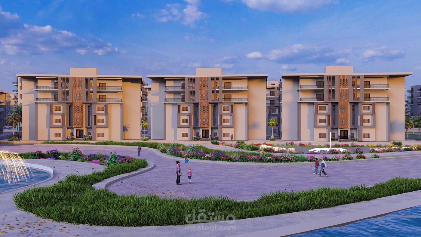 تصميم معماري ولاندسكيب متكامل + نمذجة ثلاثية الأبعاد لمجمع سكني وخدمي