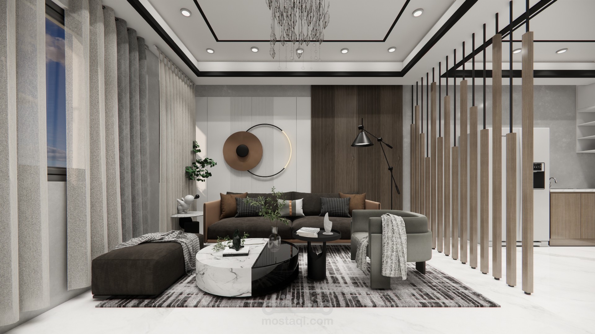 تصميم داخلي لغرفة معيشة بنمط مودرن أنيق