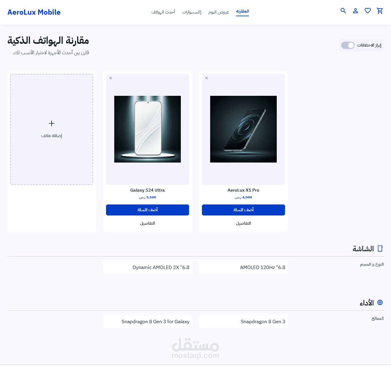 مشروع AeroLux - قالب متجر إلكتروني لبيع الهواتف الذكية مخصص لمنصة سلة (Salla).