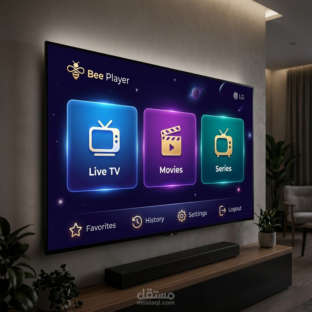 مشروع Bee Player - تطبيق مشغل IPTV فاخر مخصص لتلفزيونات LG webOS و Samsung Tizen و Hisense Vidaa