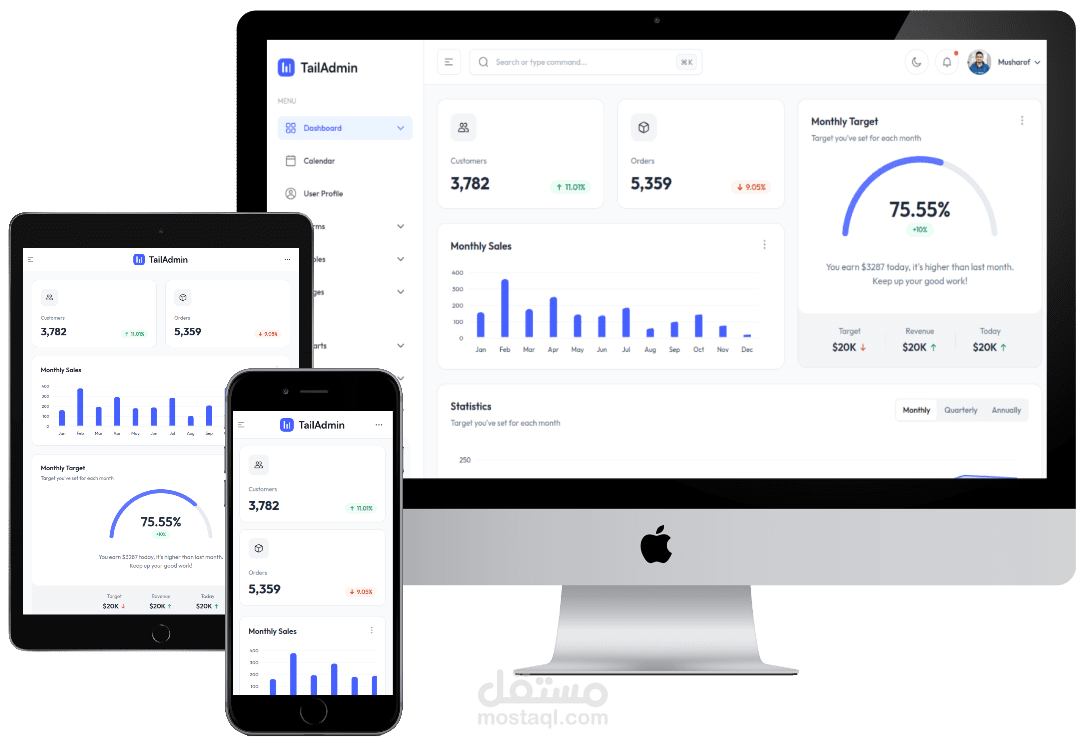 لوحة تحكم تفاعلية باستخدام React – تصميم احترافي بـ TailAdmin