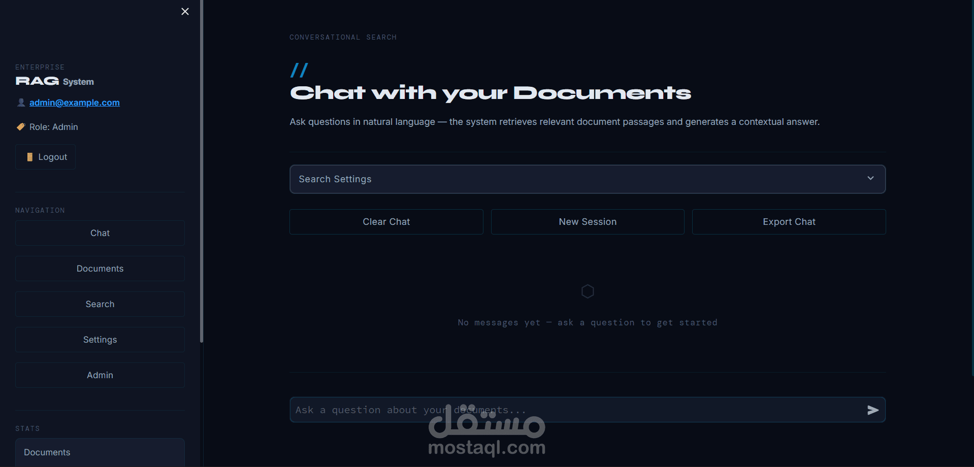 نظام بحث ذكي في المستندات (Enterprise RAG) مع لوحة تحكم كاملة