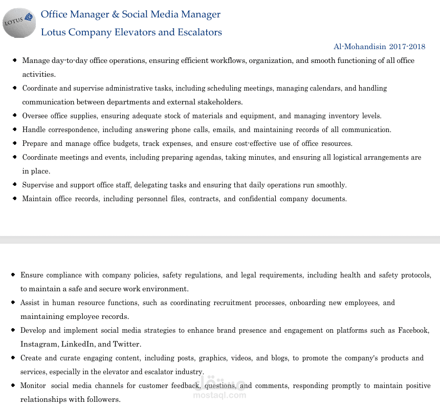 Office Manager & Social Media Manager  Lotus Company Elevators and Escalators Al-Mohandisin 2017-2018