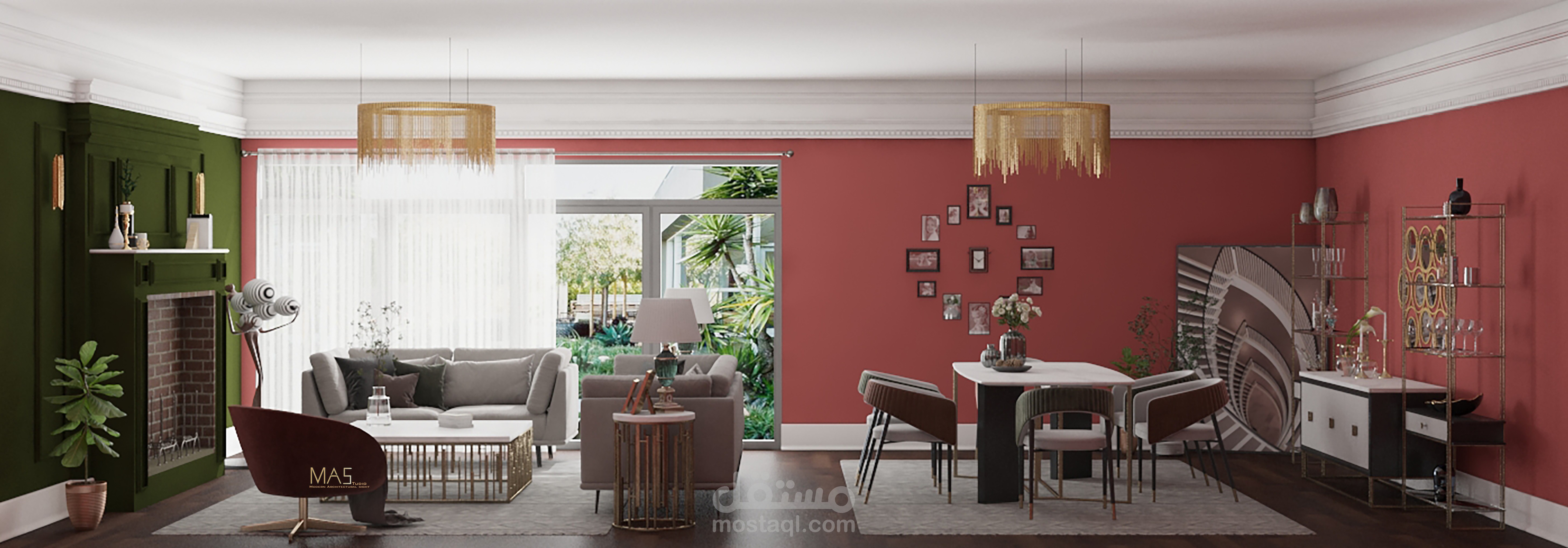 تصميم داخلي ليفينج وسفرة – مزيج بين البينك والأخضر الزيتي