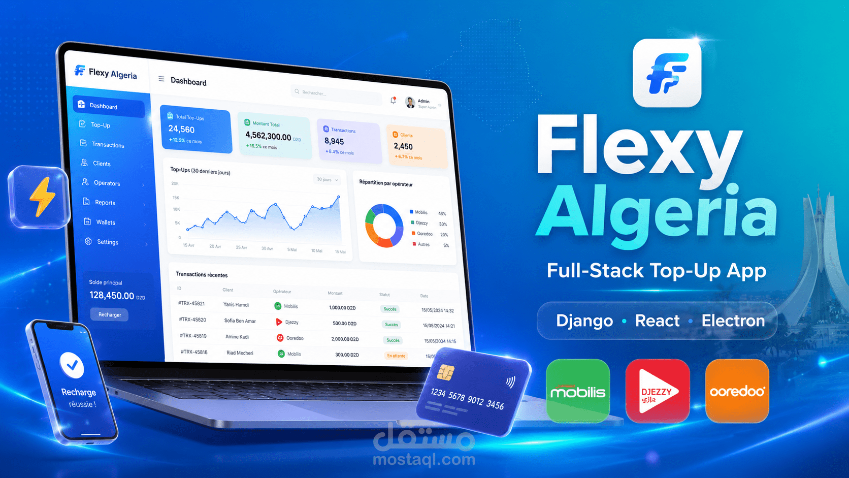 تطبيق سطح مكتب لتعبئة رصيد الهاتف "Flexy Algeria" — واجهة + خادم (Full-Stack)