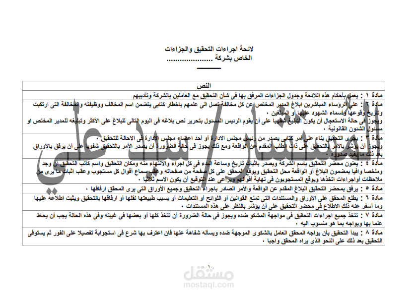 إعداد مشروعات اللوائح الداخلية، ولوائح الجزاءات الخاصة بأحد الشركات التجارية