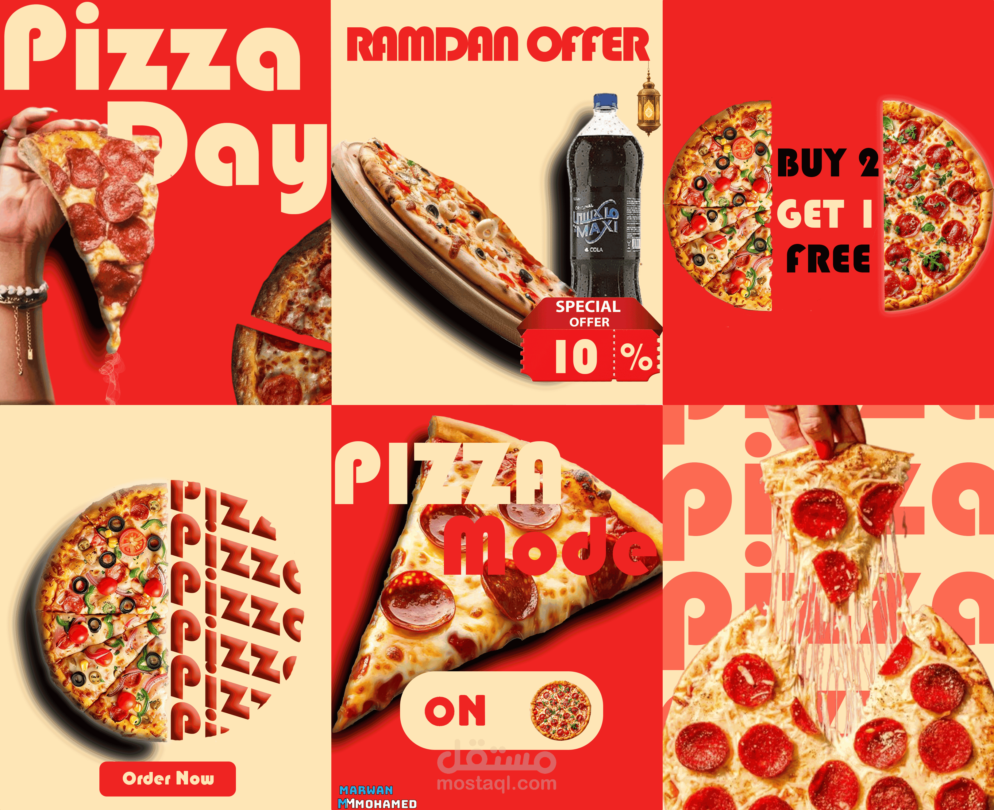 تصميم حملة سوشيال ميديا متكاملة لمطعم بيتزا بهوية بصرية موحدة