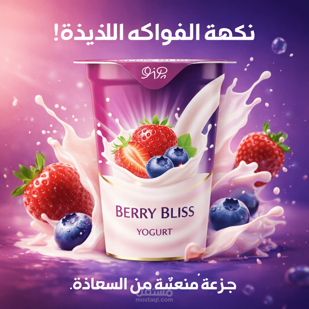 تصميم إعلان سينمائي احترافي لزبادي الفراولة والتوت – صورة + فيديو + تعليق عربي