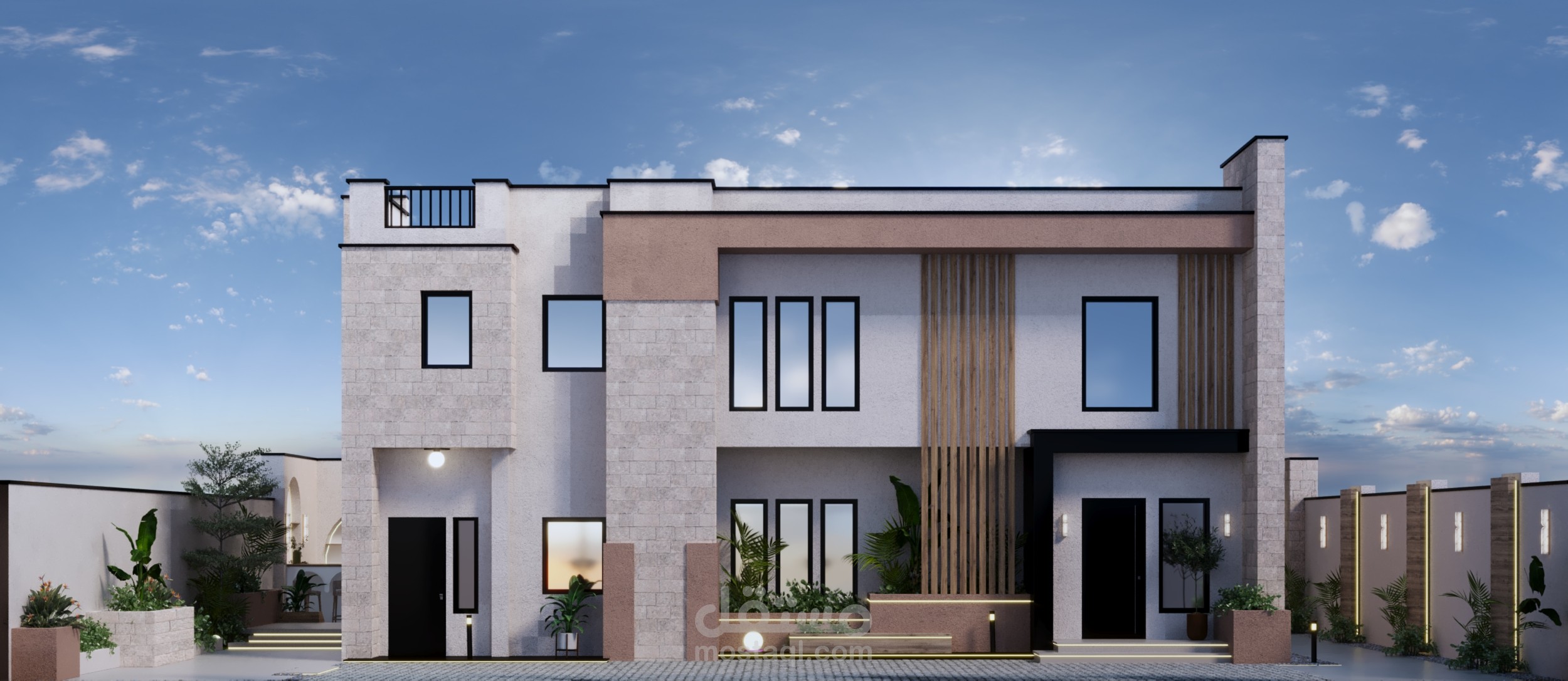 تصميم خارجي 3D لفيلا مكونة من طابقين وتصميم لاندسكيب.