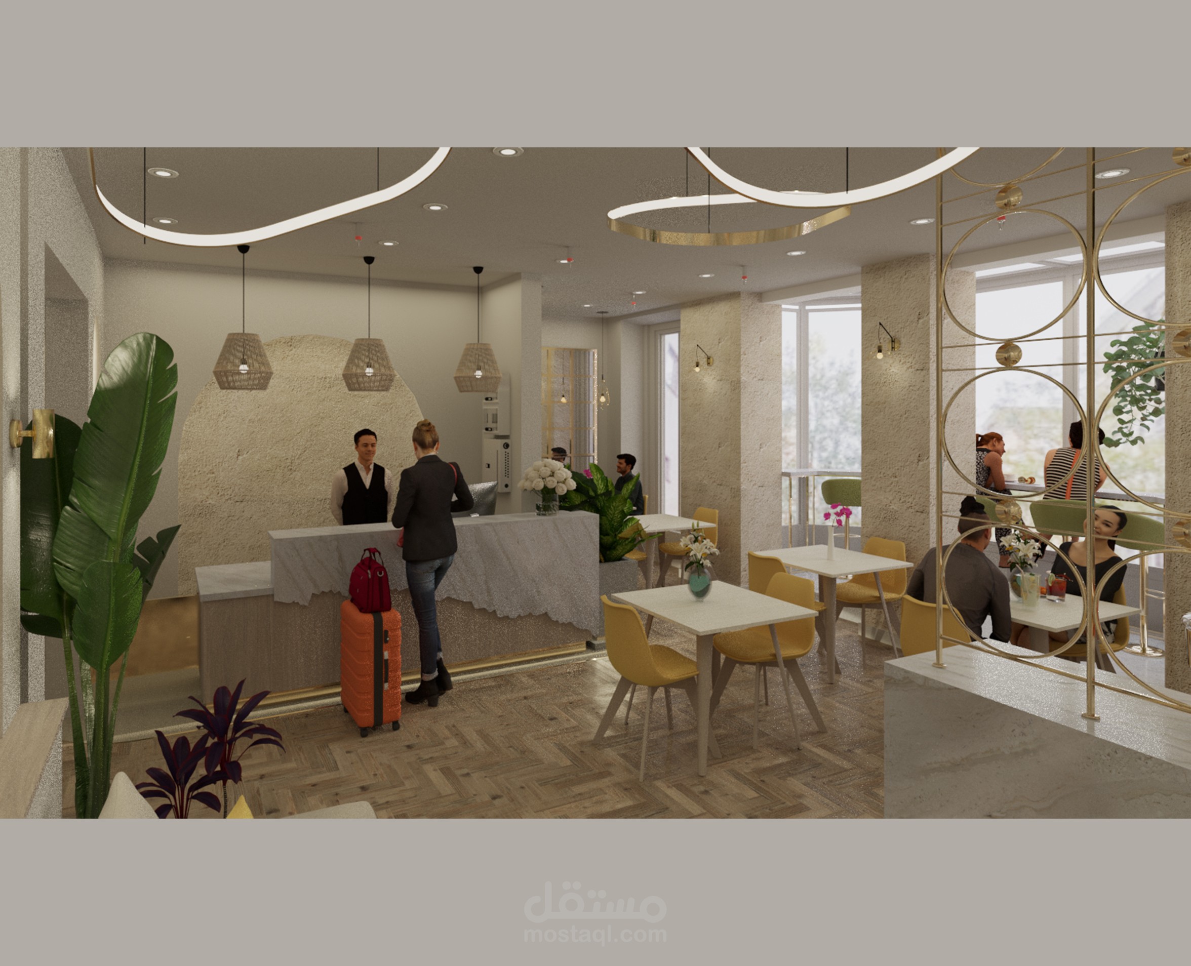 تصميم داخلي لصالة استقبال لفندق صغير مع تصميم داخلي للغرف المرفقة به