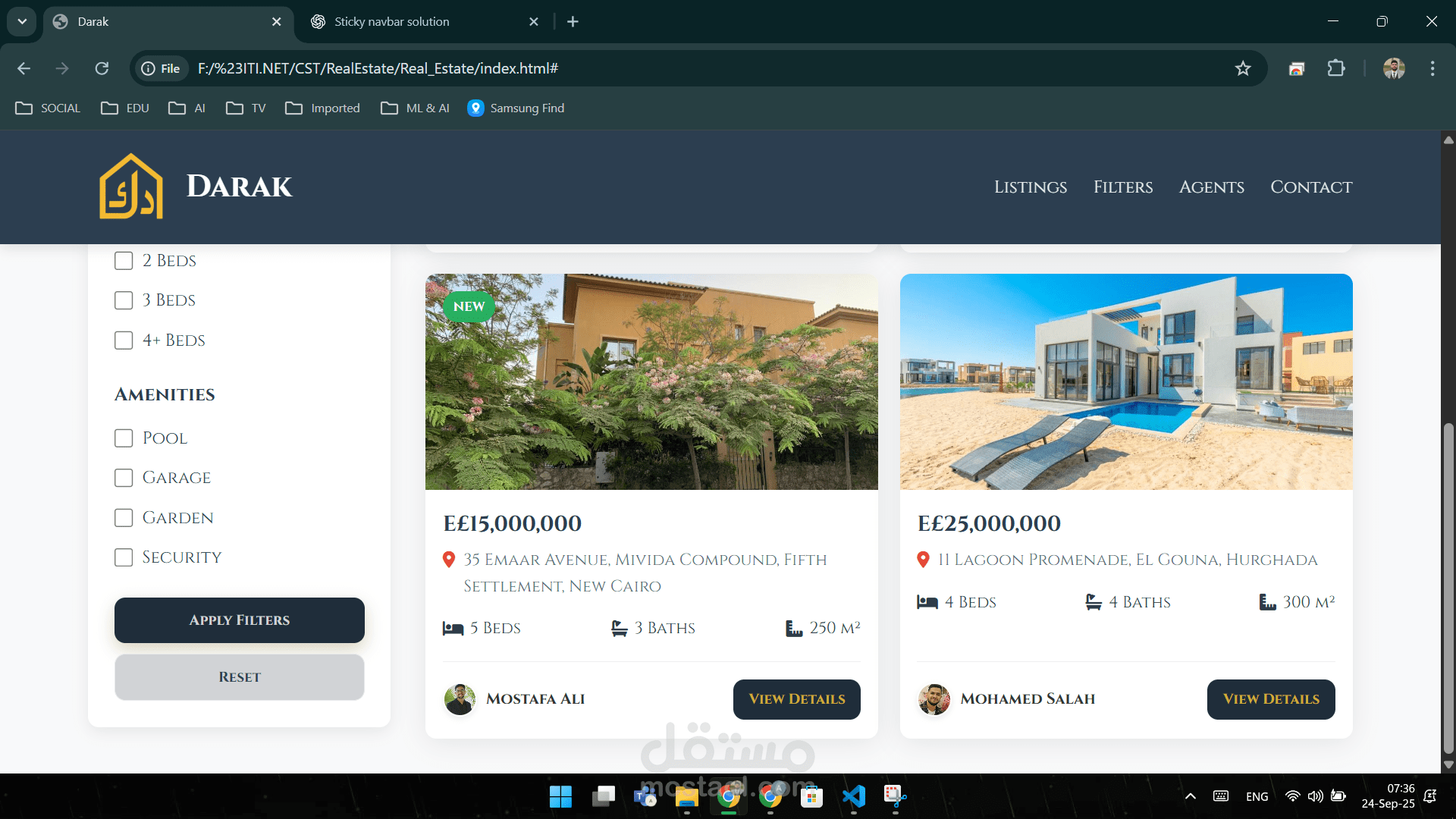 تصميم وتطوير موقع عقارات تفاعلي باستخدام HTML, CSS, JavaScript