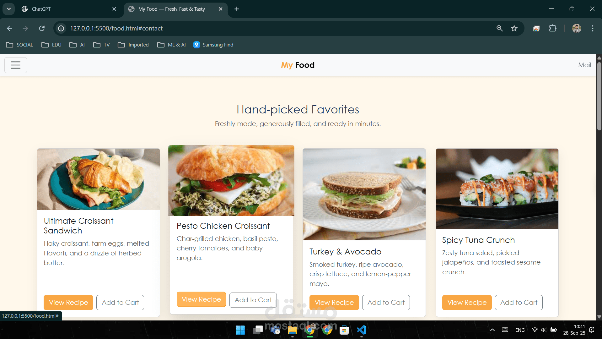 تصميم موقع ويب لمعرض وصفات وأفكار أطعمة باستخدام HTML, CSS, Bootstrap