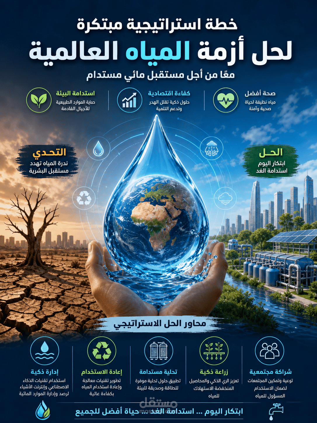 بحث علمي واستراتيجي متكامل حول أزمة المياه العالمية وسبل تحقيق استدامة الموارد المائية باستخدام الحلول التقنية والبيئية الحديثة