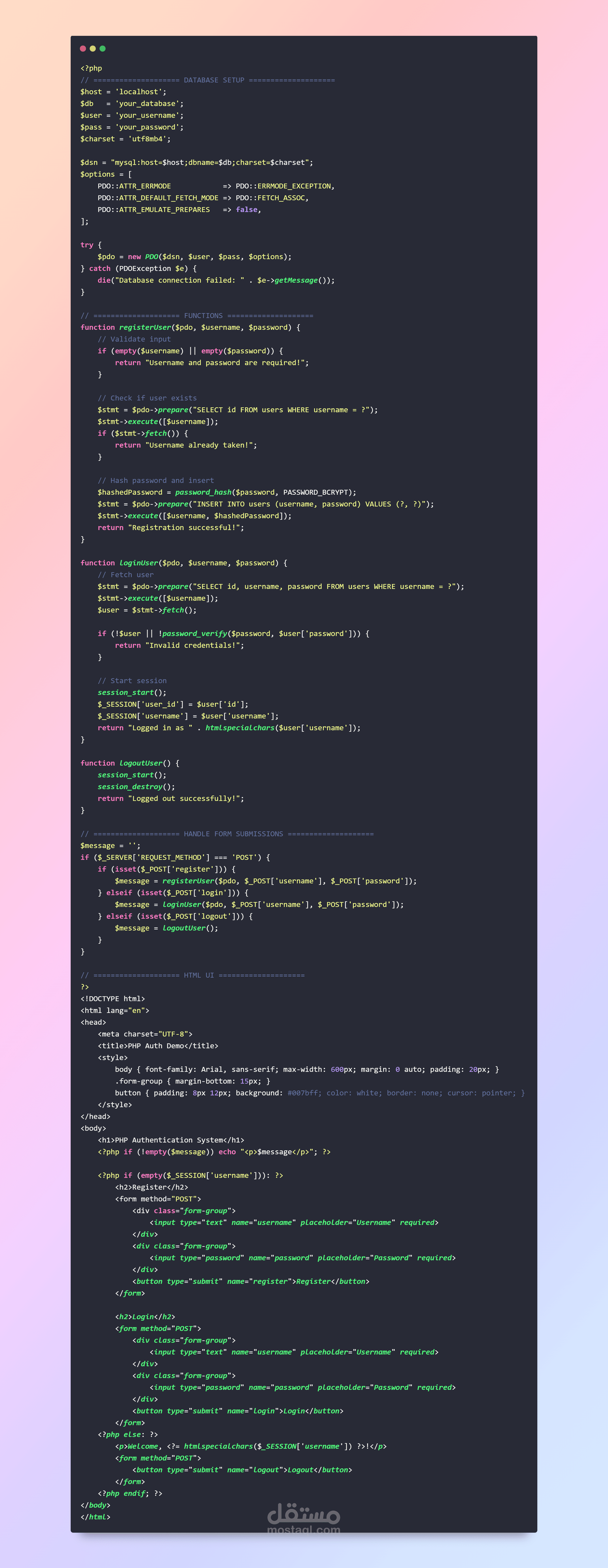 a secure user authentication system (login/registration) with MySQL, PDO, and password hashing