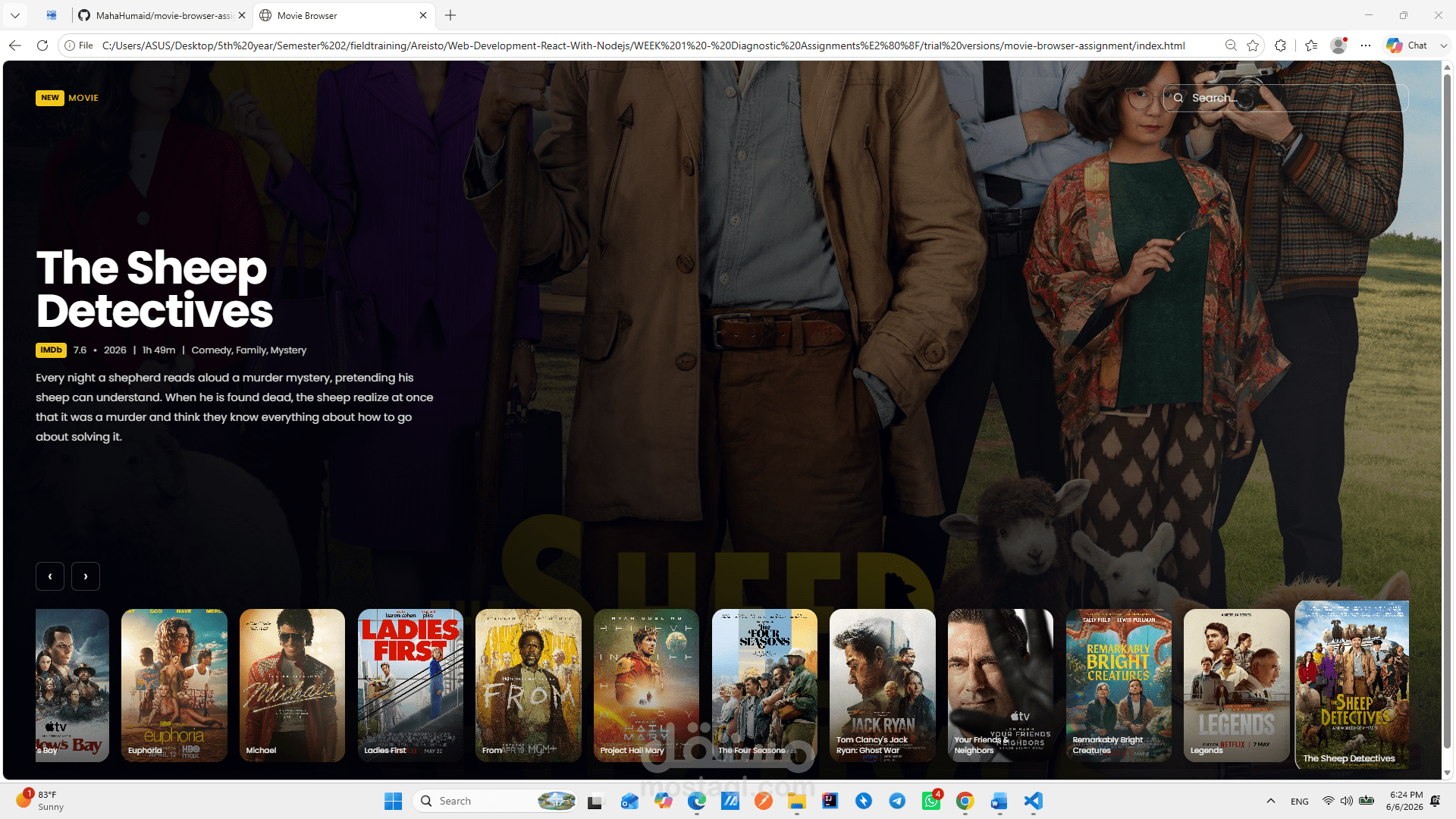 تطبيق ويب تفاعلي لتصفح واكتشاف الأفلام | Vanilla JS & Fetch API