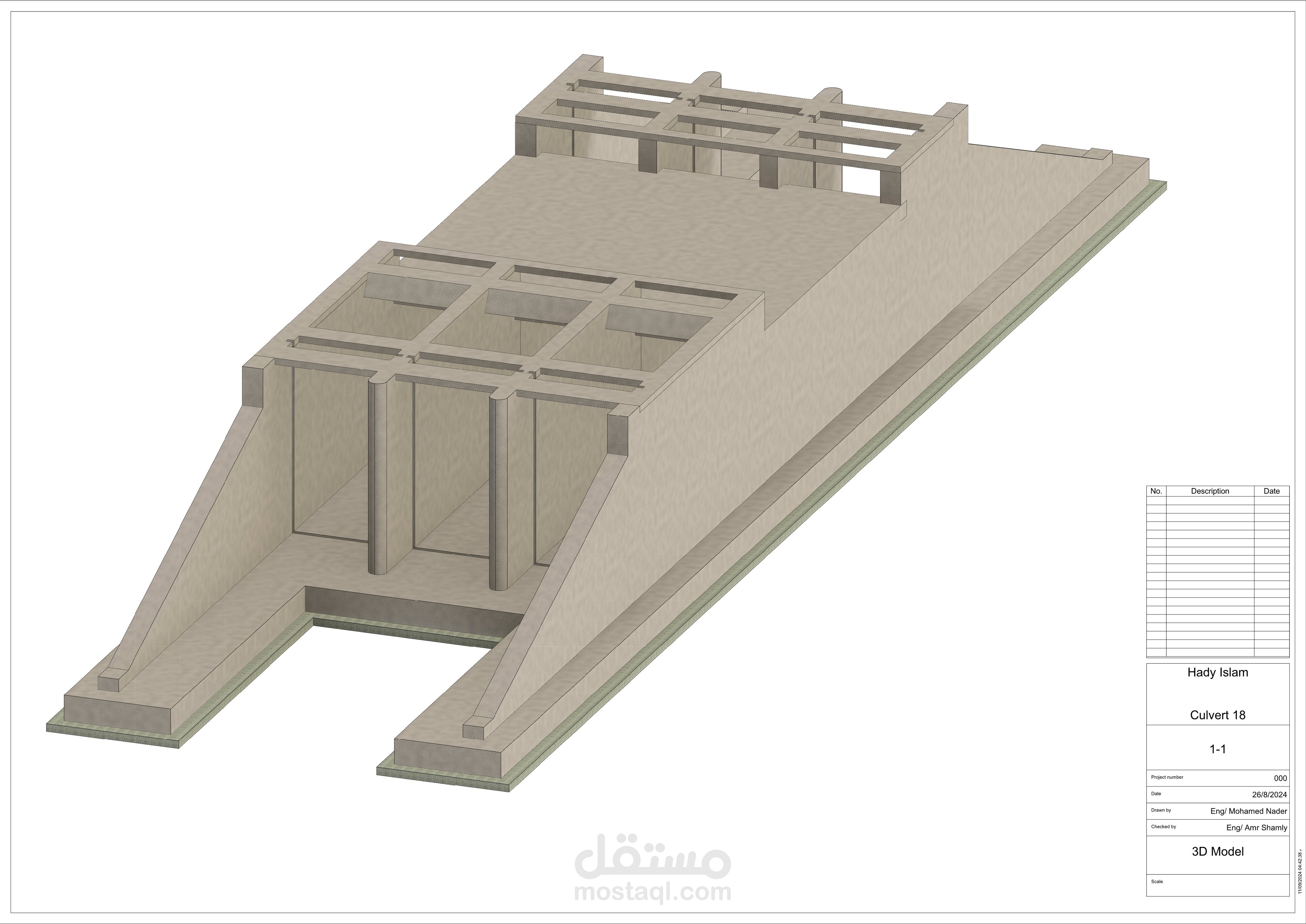 رسومات تنفيذية وموديل انشائي لكلا من مأخذ وهدار في مشروع استطصلاح 300 فدان اراضي صحراوية للزراعة