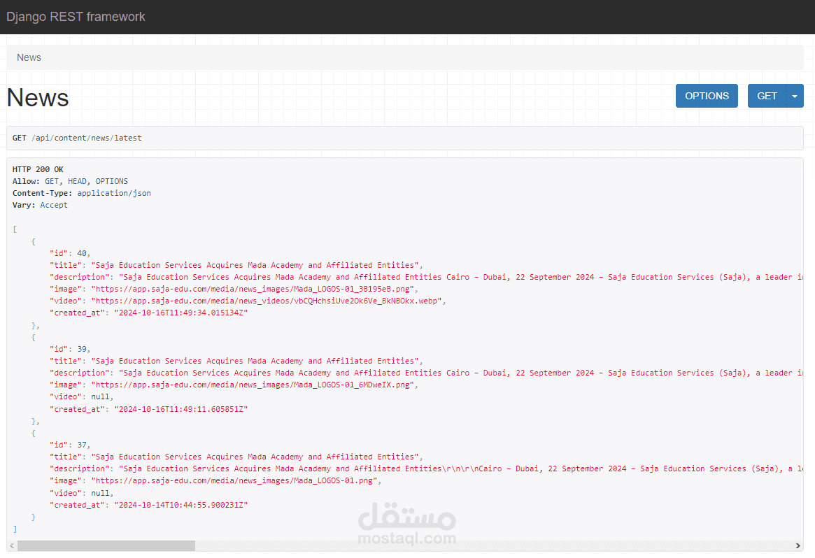 Django Python rest API to retrieve latest news