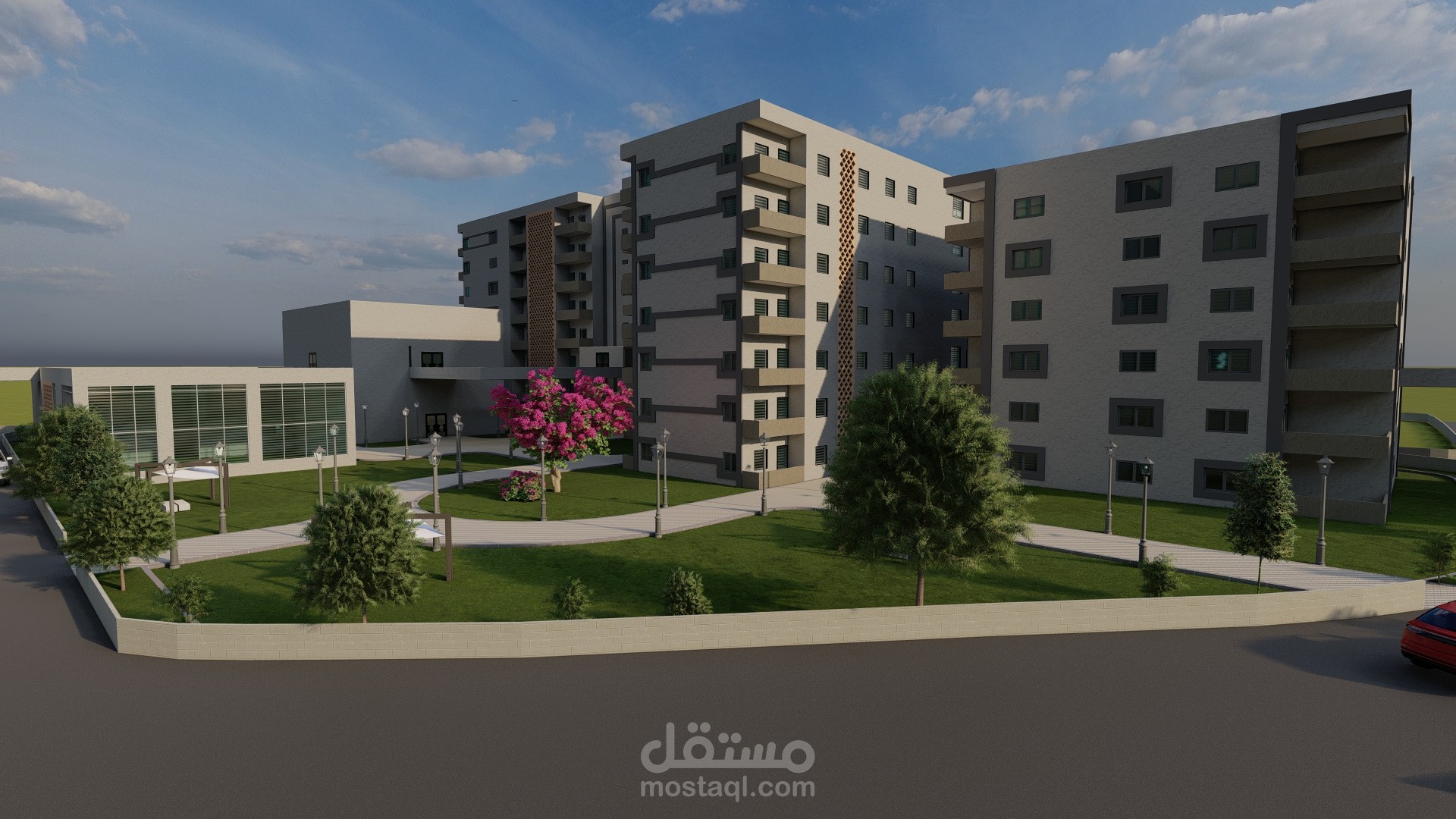 تصميم مباني مجاورة عمارات سكنية و مباني تجارية