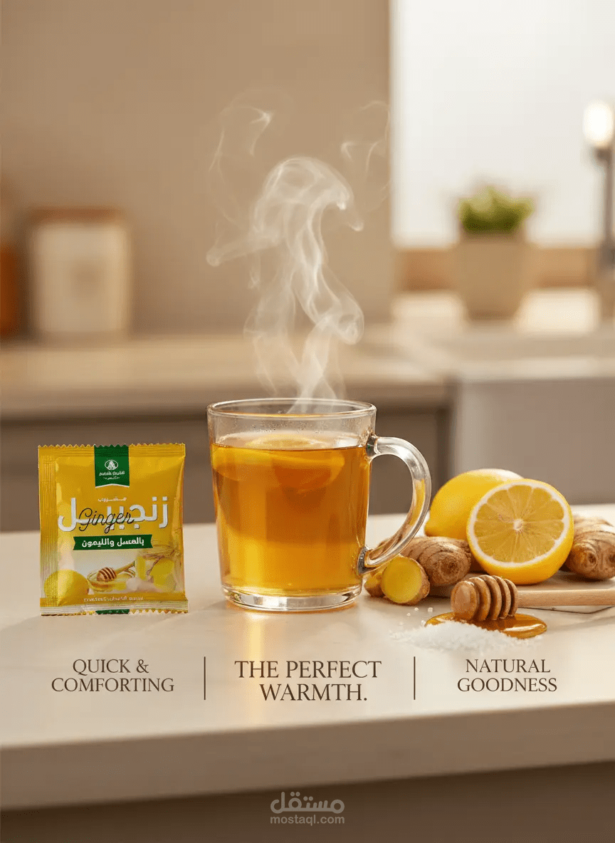 تصميم إعلان تجاري احترافي لمنتج مشروب طبيعي (زنجبيل بالعسل والليمون)