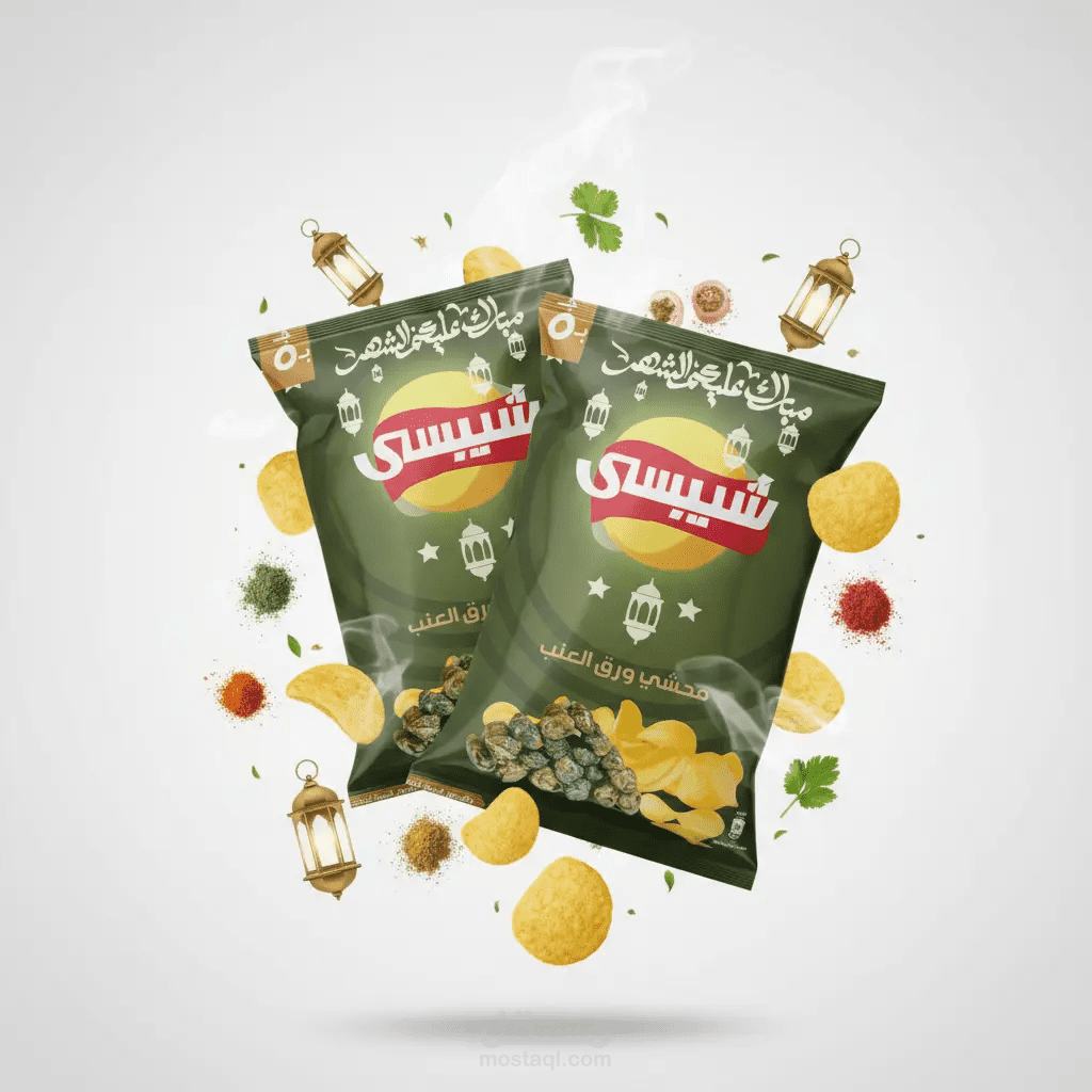 تصميم إعلاني لمنتج "شيبسي" بنكهة ورق العنب بتأثيرات بصرية حركية (Manipulation)