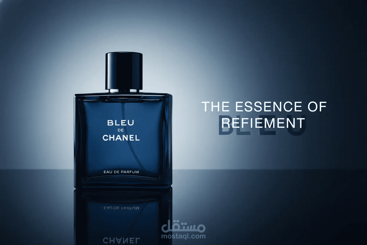 تصميم إعلان تجاري فاخر لعطر (Bleu de Chanel) بأسلوب عصري وأنيق