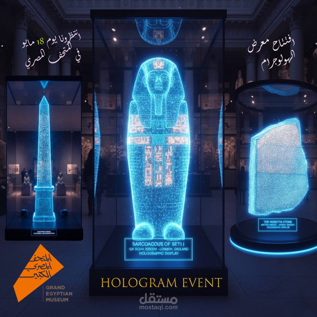 حملة تصاميم سوشيال ميديا لفعالية Hologram Event بالمتحف المصري الكبير