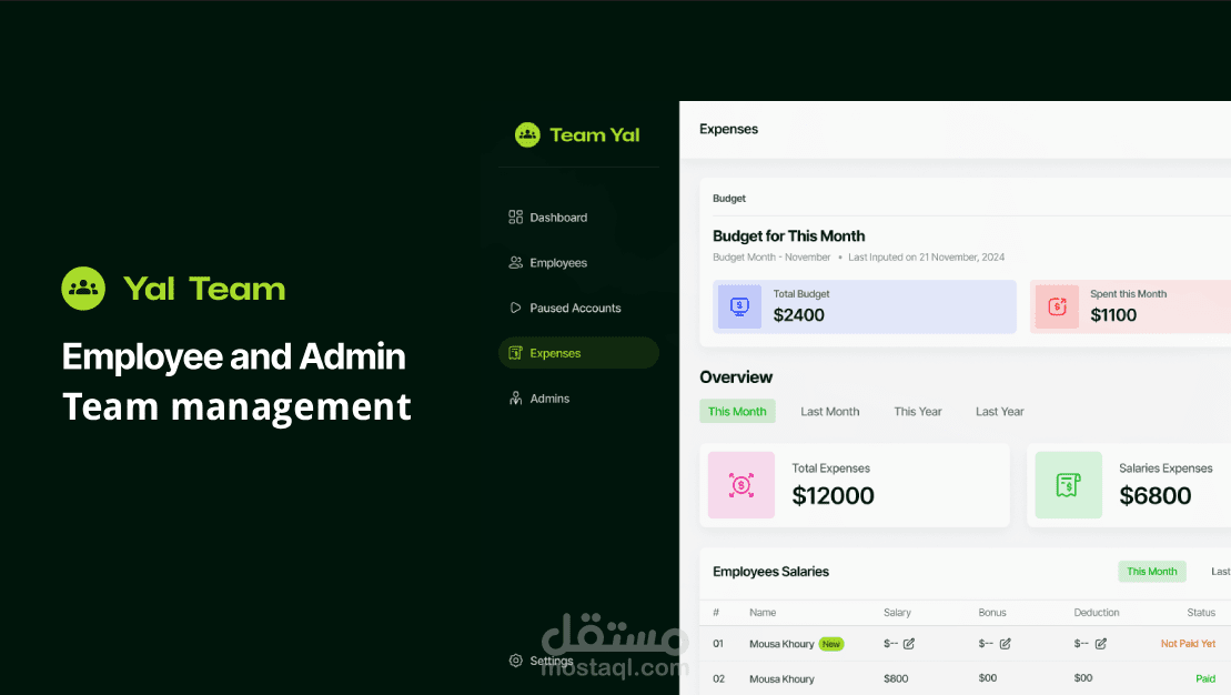 Yalteam - سيستم اداره موظفين وماليات كامل للعاملين عن بعد