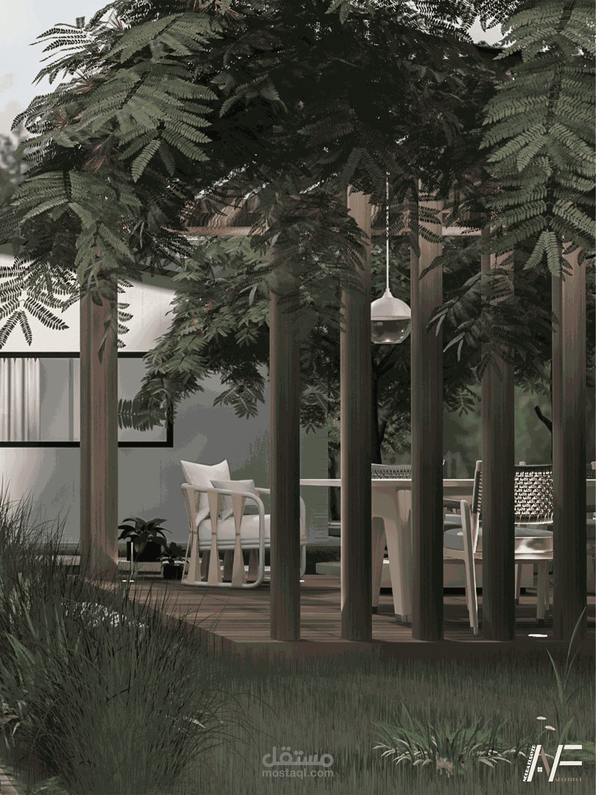 واجهات المنزل وفناءه المغطى و الحديقة بطراز منتصف القرن