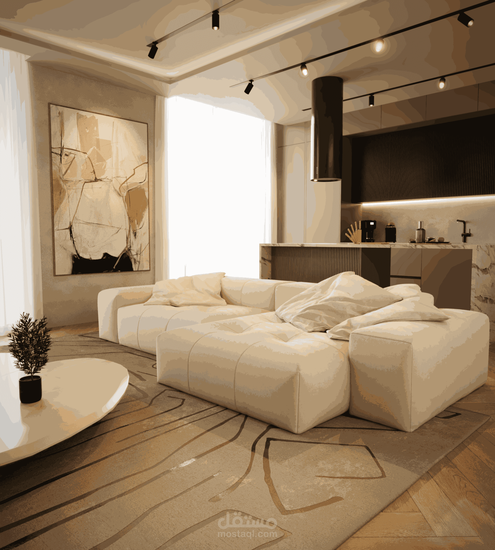 living room with American kitchen