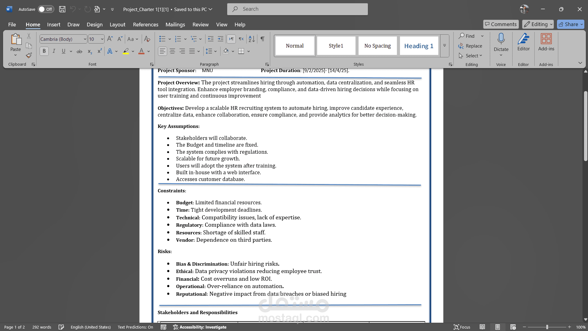 كتابة وتنسيق Project Charter أكاديمي وتحويله إلى PDF