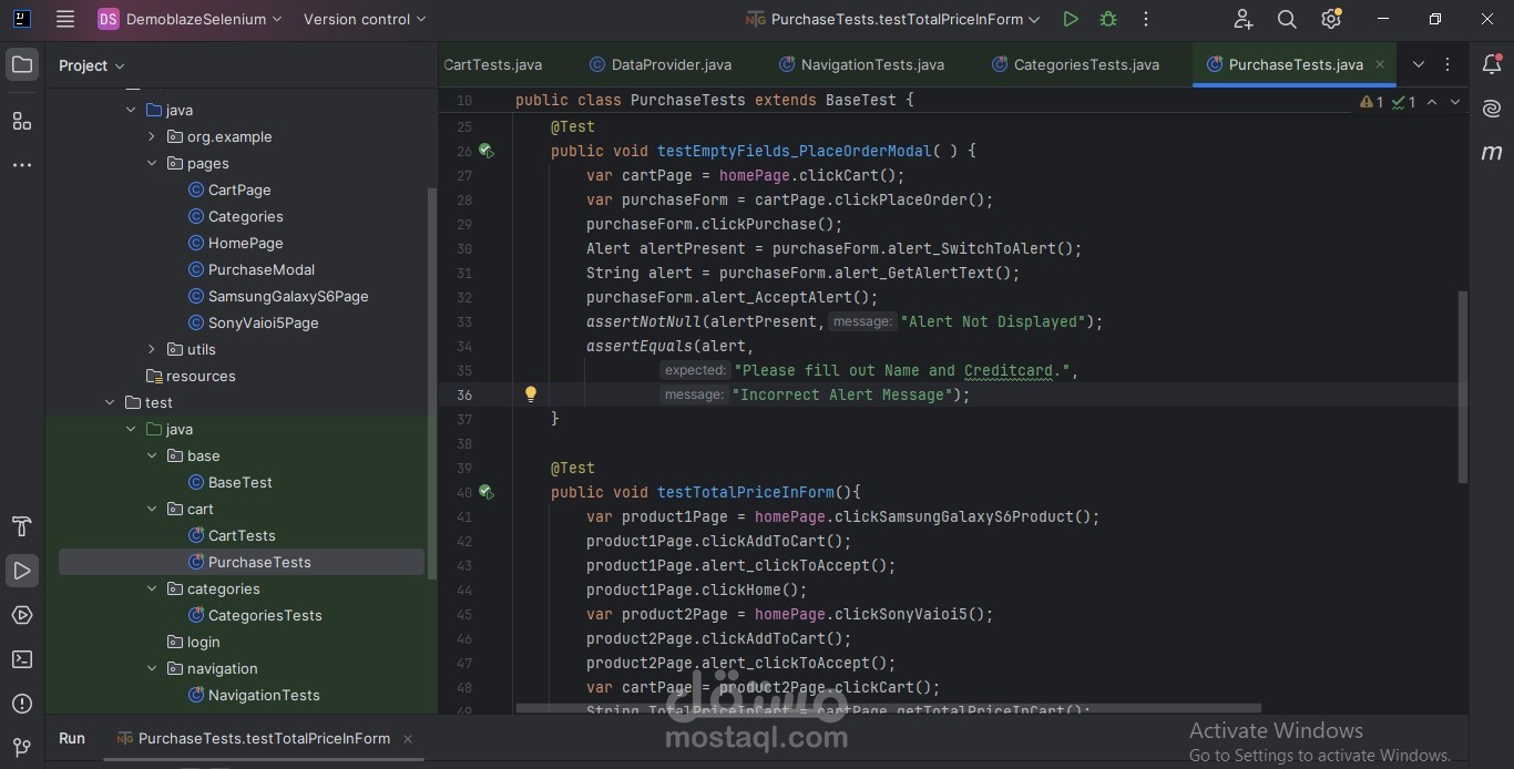 اختبار أتمتة لواجهة المستخدم لموقع تجارة إلكترونية Demoblaze باستخدام Selenium