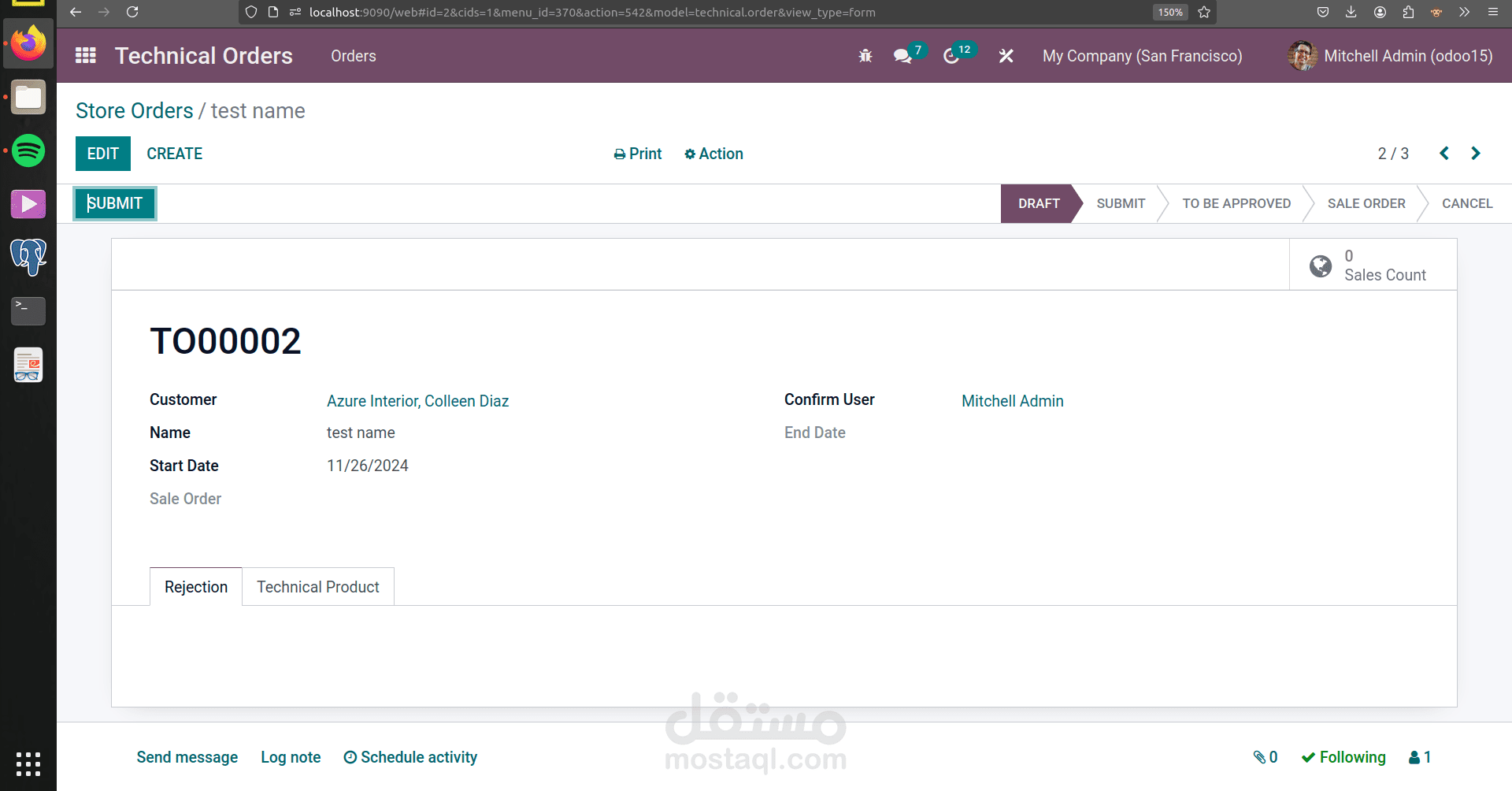 Technical Order project prepare order values in sale module odoo15