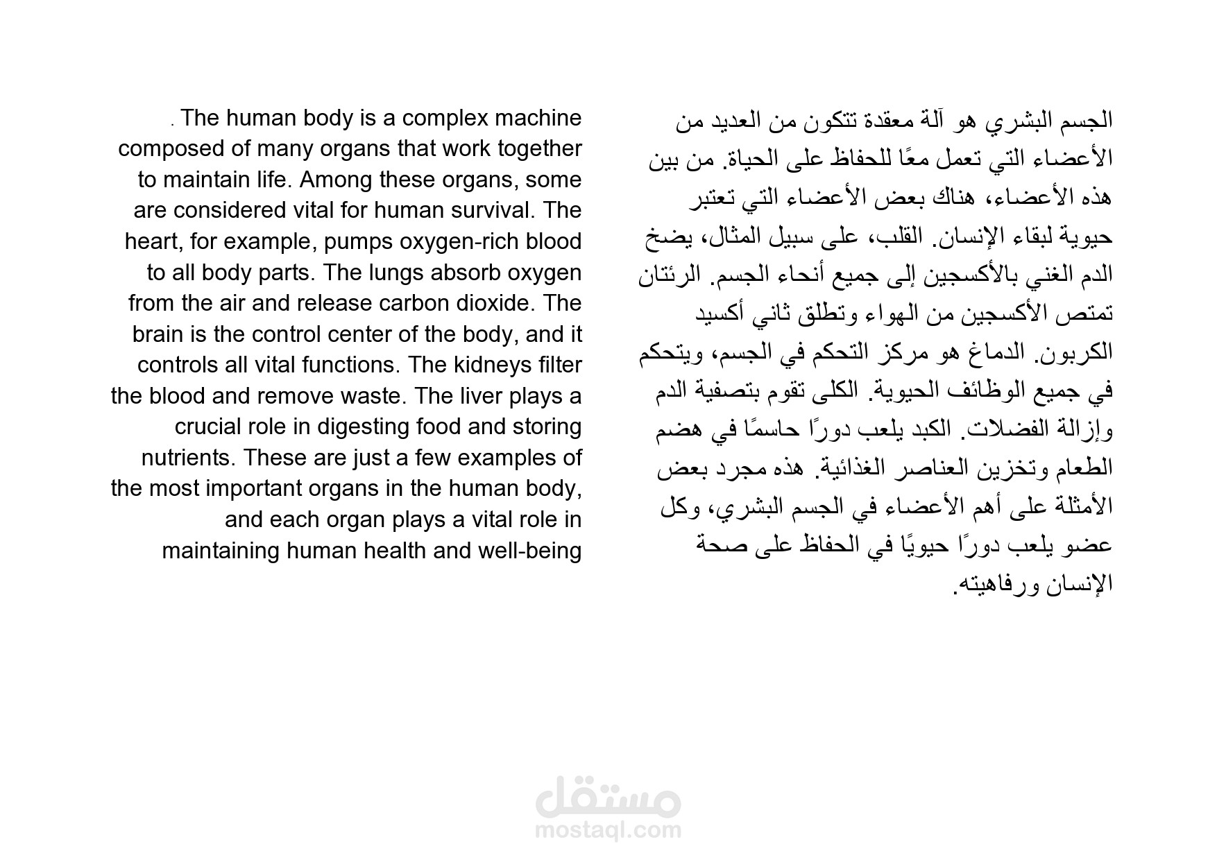 ترجمة جزء من مقالة عن اهم اعضاء جسم الانسان