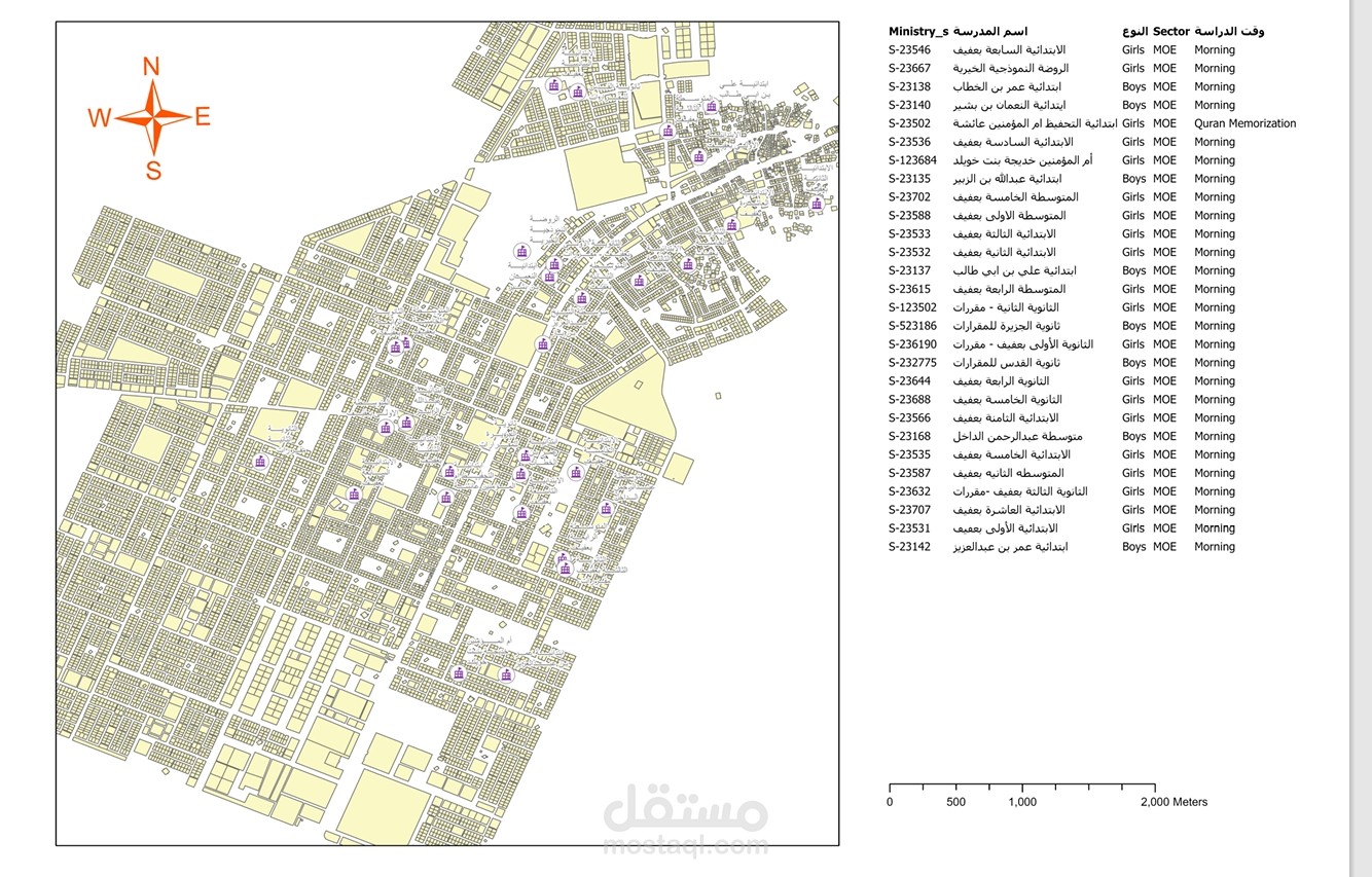 خريطة توضح توزيع المدارس في منطقة محددة باستخدام برنامج QGIS.  تم تحويل البيانات من جدول Excel إلى خريطة مكانية، مع تمثيل كل مدرسة على الخريطة بشكل واضح.  الخريطة مناسبة للاستخدام في الأبحاث والتقارير والمشاريع الأكاديمية.