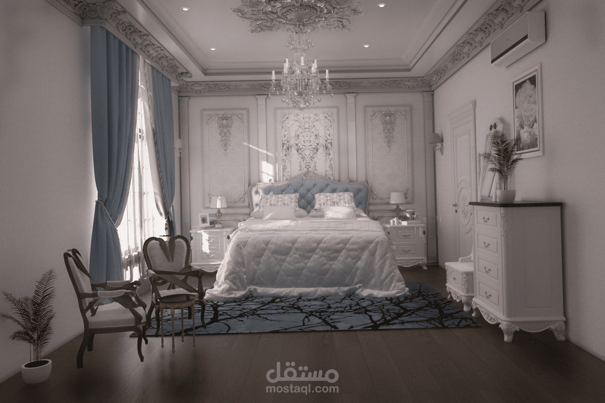 تصميم داخلي لغرفة نوم طراز كلاسيك.