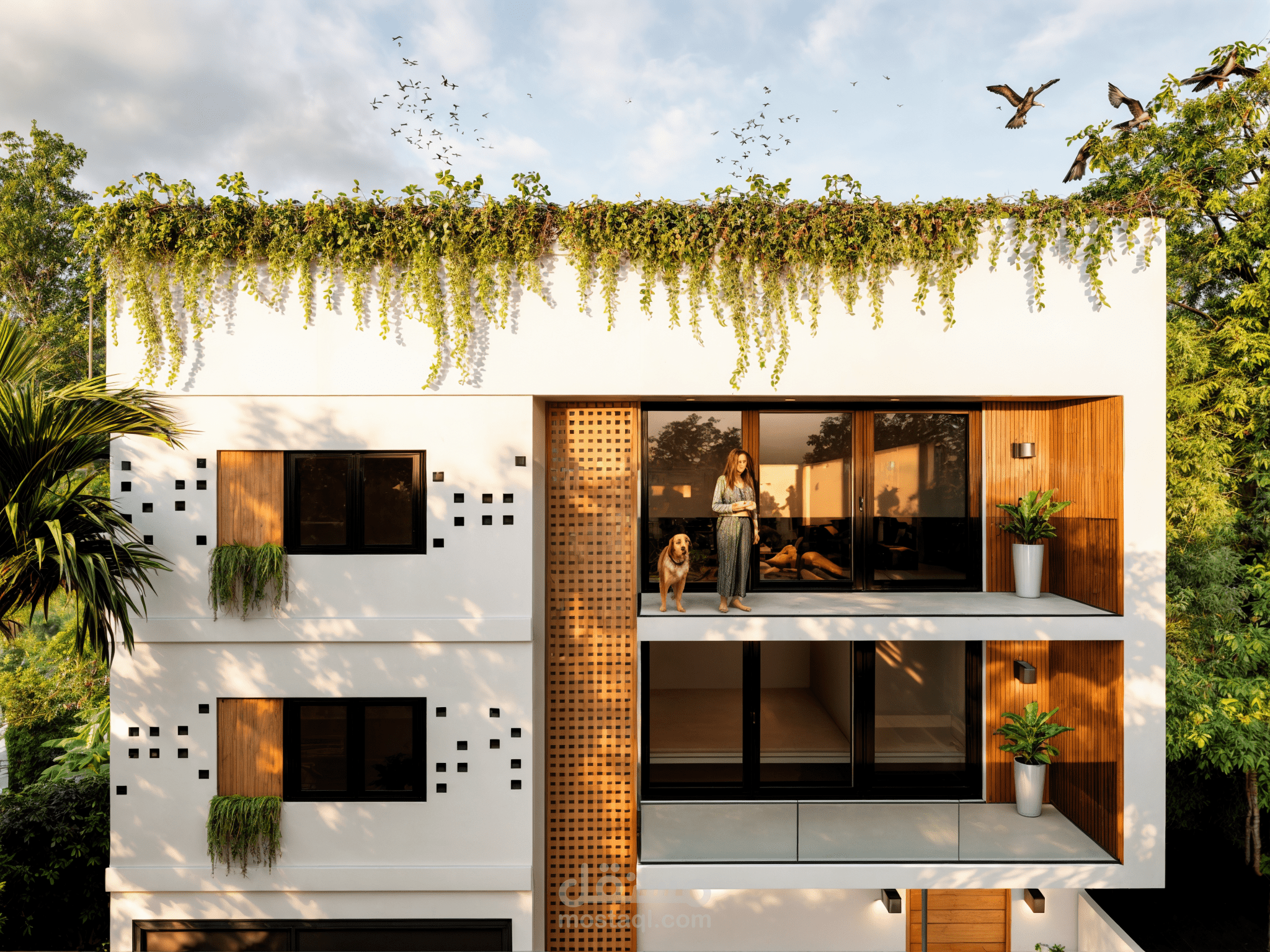 تصميم واجهة منزل عصري (أرضية + طابقين)