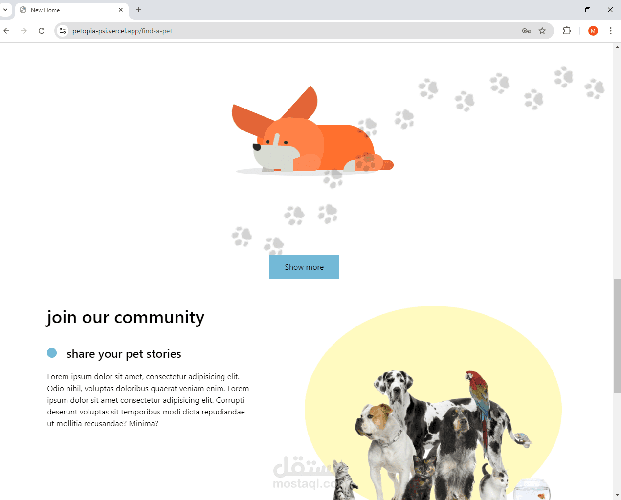"تطبيق ويب متكامل لإدارة تبني الحيوانات الأليفة باستخدام Express.js، يتضمن أمانًا متقدمًا، إدارة العملاء، وتحسينات في الأداء والتعامل مع النماذج."