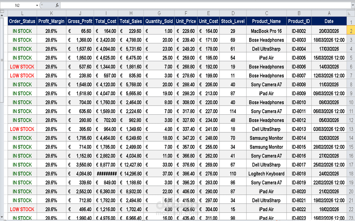 ادخال البيانات وتنسيق الجداول في اكسيل