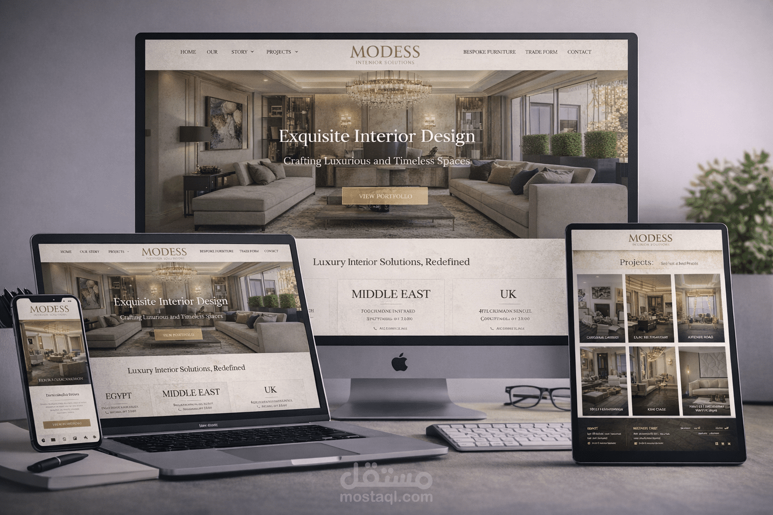 تصميم وتطوير موقع شركة تصميم داخلي فاخر متعدد الفروع (Luxury Interior Website – WordPress)